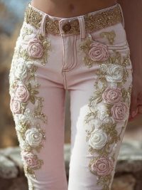 Women's Retro Pink Rose Embroidered Artistic Printed Jeans Elegant