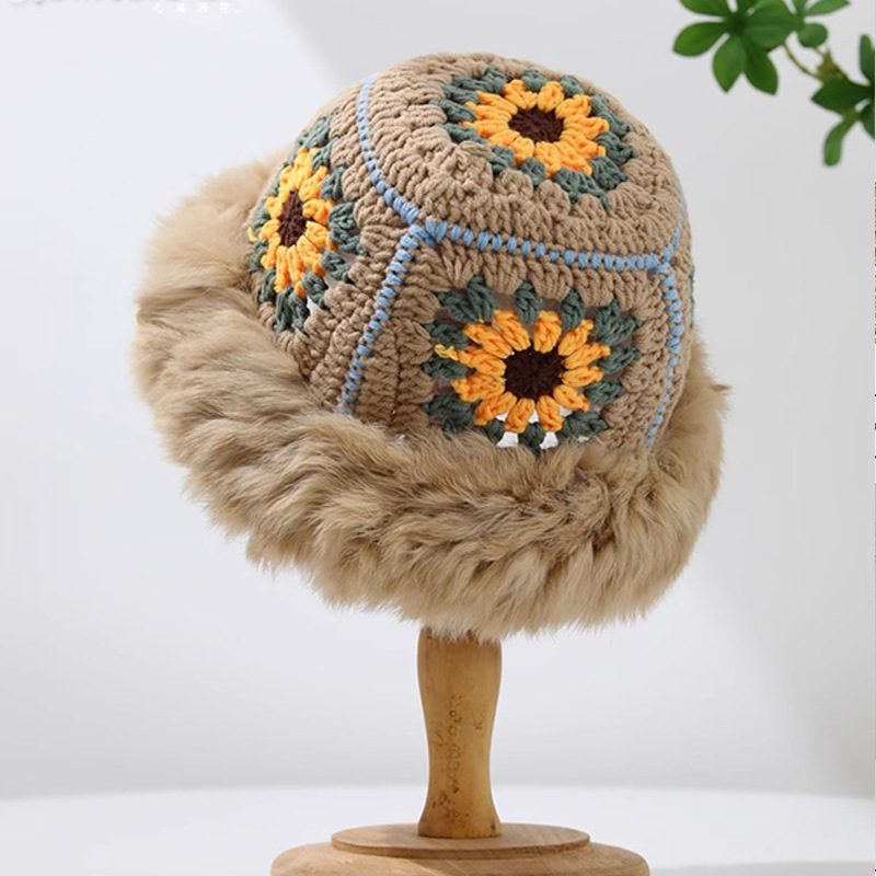 Rabbit Fur Knitted Warm-keeping And Cold-proof Handmade Crochet Bucket Hat