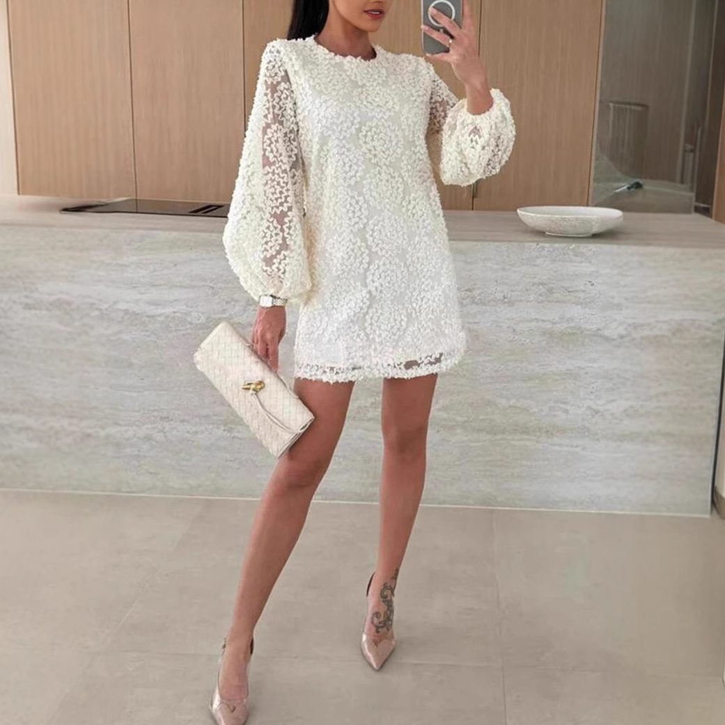 Lace Texture Fabric Balloon Sleeves Loose Mini Dress