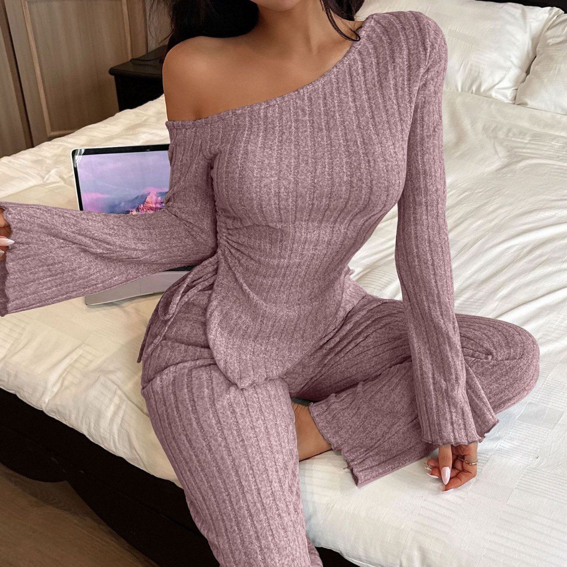 Fashion Sexy Off-the-shoulder Irregular Long Sleeve Trousers Homewear Suit