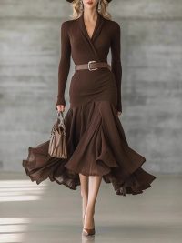 Stitching V-neck Long-sleeve Dress Long Skirt Large Swing Skirt