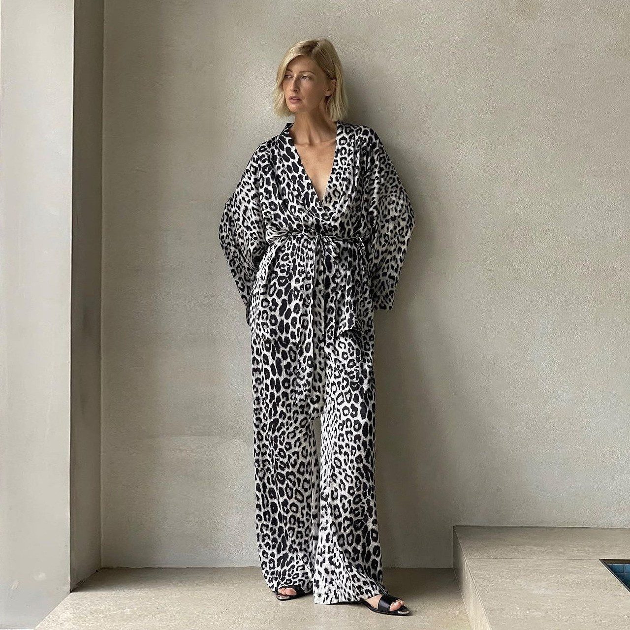 Long Sleeve V-neck Top Wide Leg Pants Suit Loose