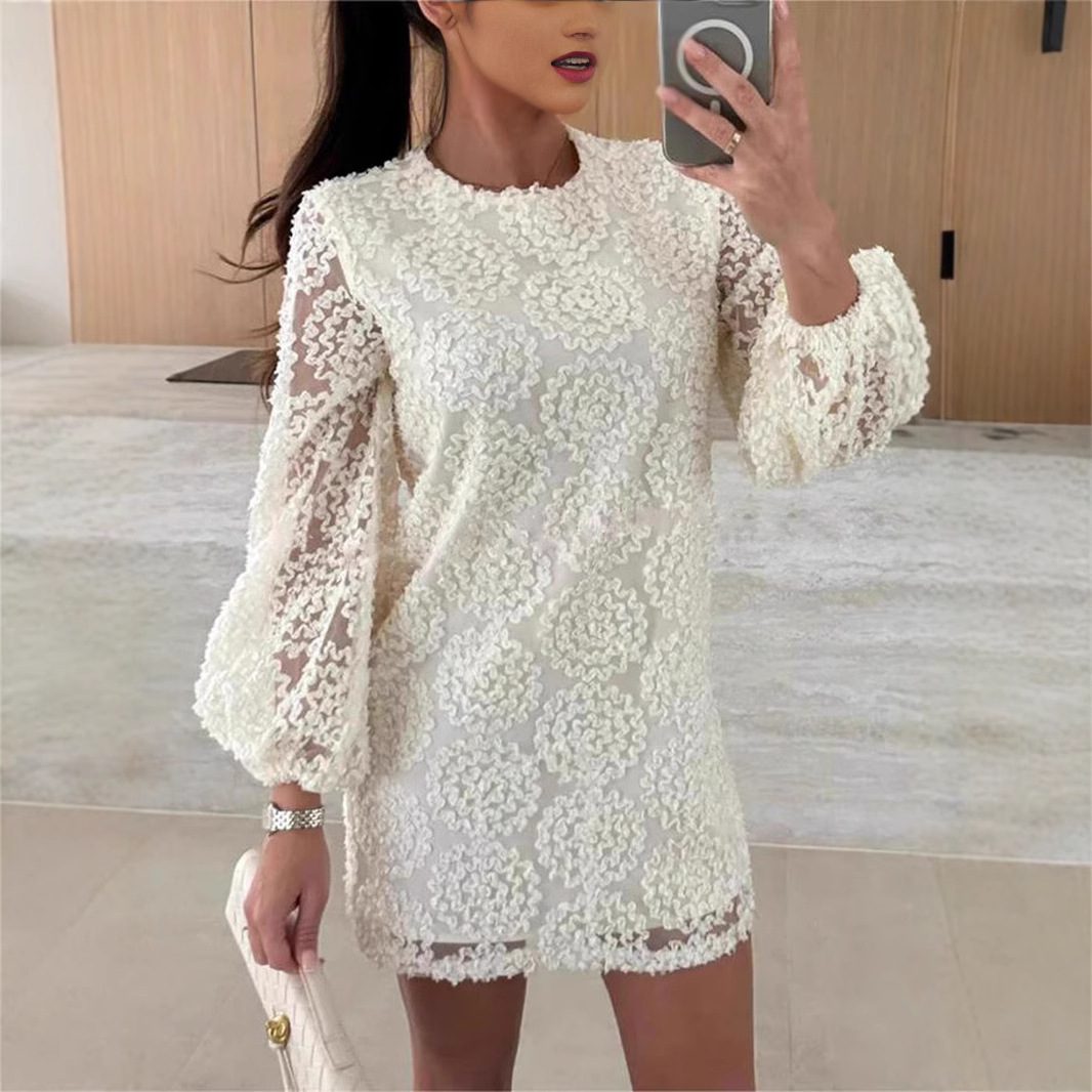 Lace Texture Fabric Balloon Sleeves Loose Mini Dress