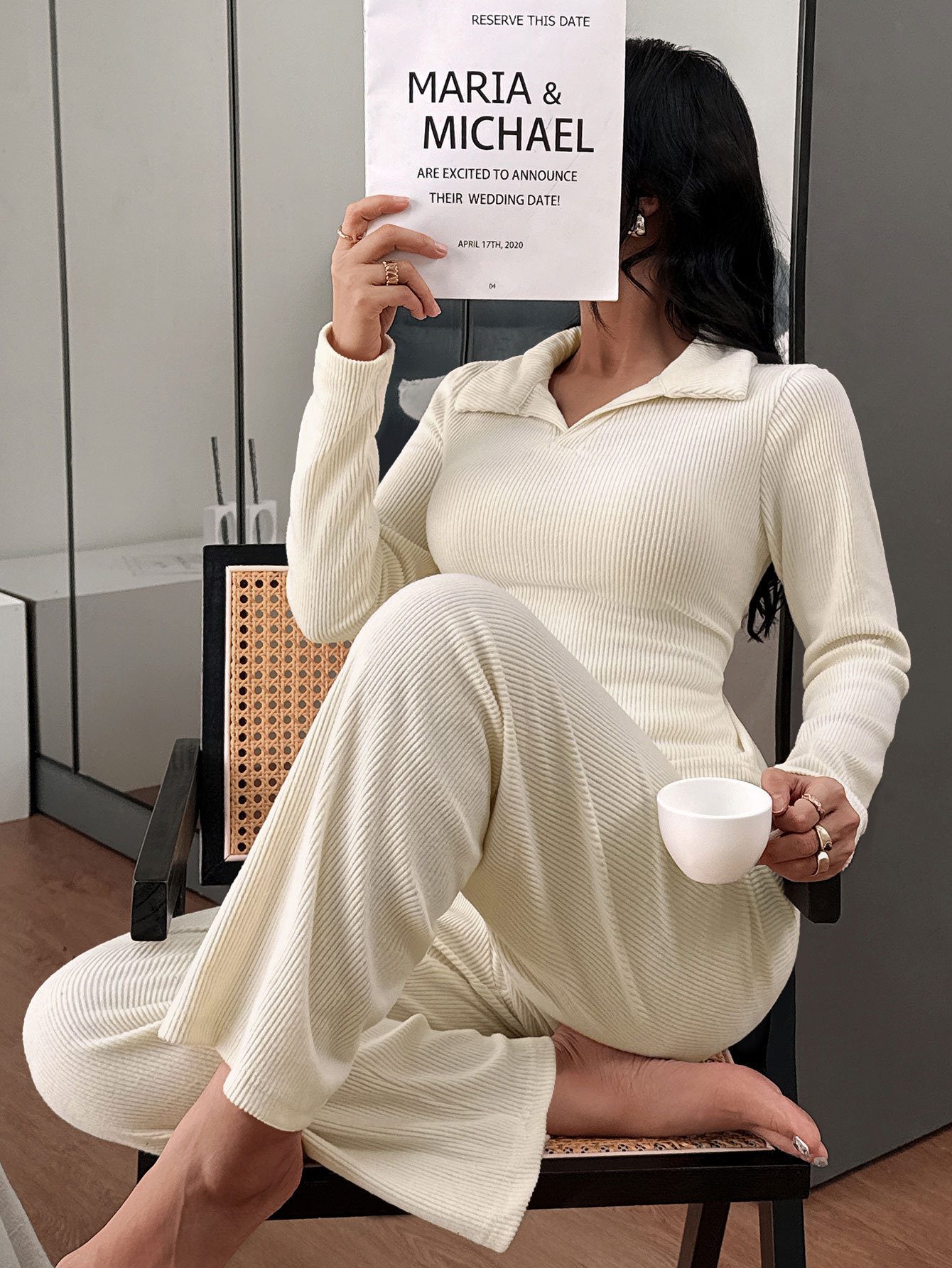 New Knitted Polo Collar Long-sleeved Casual Trousers Pajamas Homewear Suit