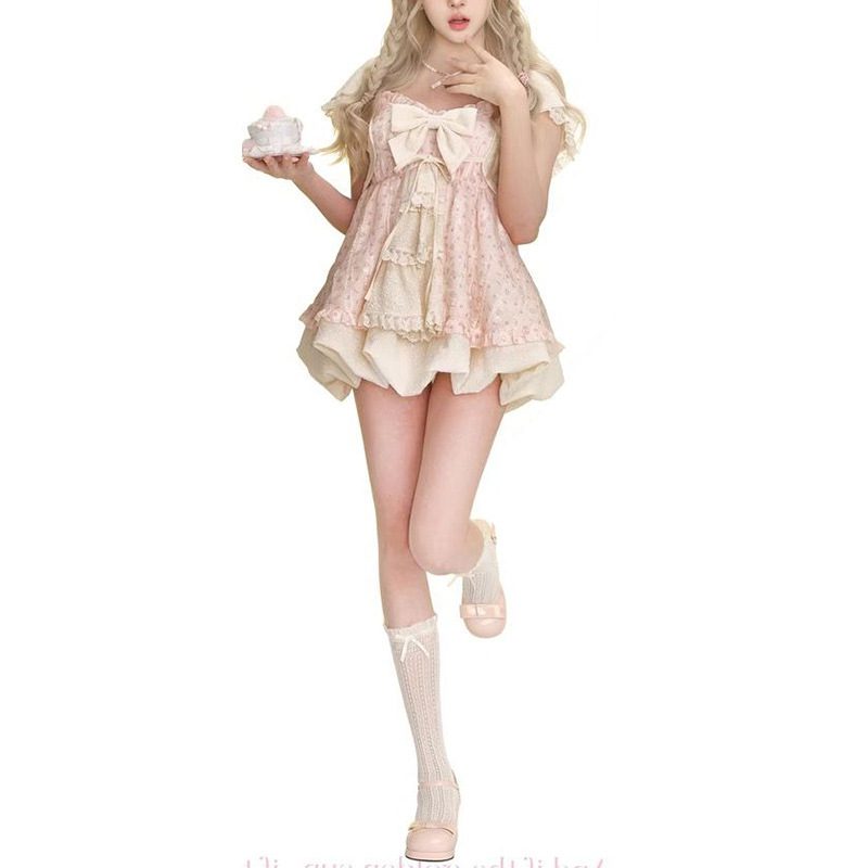 Apricot Shawl Bow Lace Bud Dress Two-piece Set