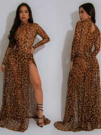 European And American Fashion Women's Wear Sexy Leopard Print Long Sleeve Split Dress