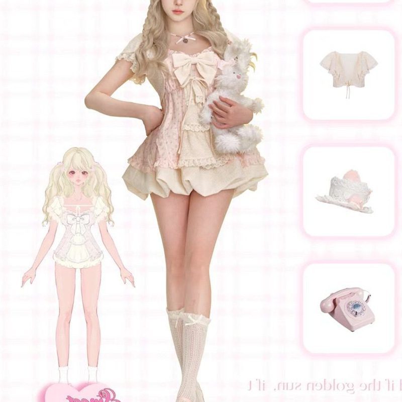 Apricot Shawl Bow Lace Bud Dress Two-piece Set