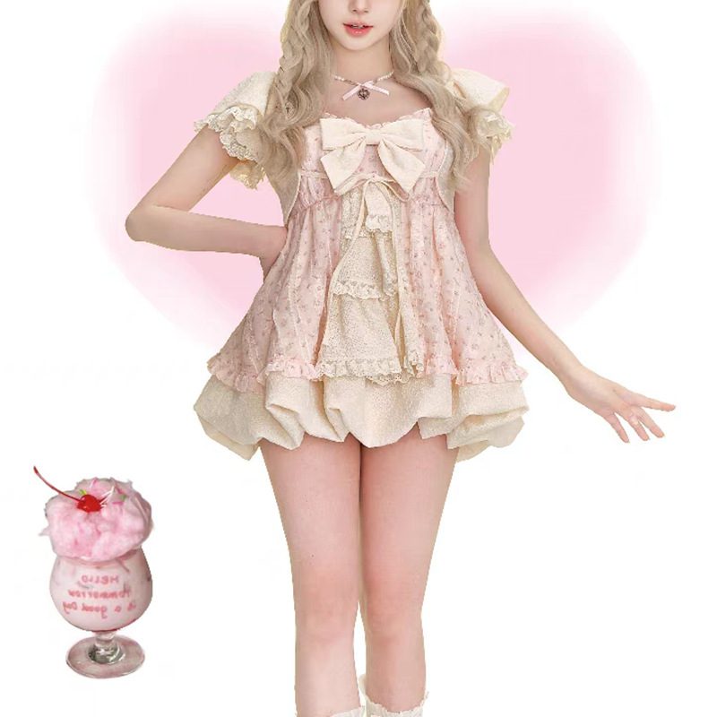 Buy Women's Clothing Online | Buy Trending Dresses for Women Apricot Shawl Bow Lace Bud Dress Two-piece Set