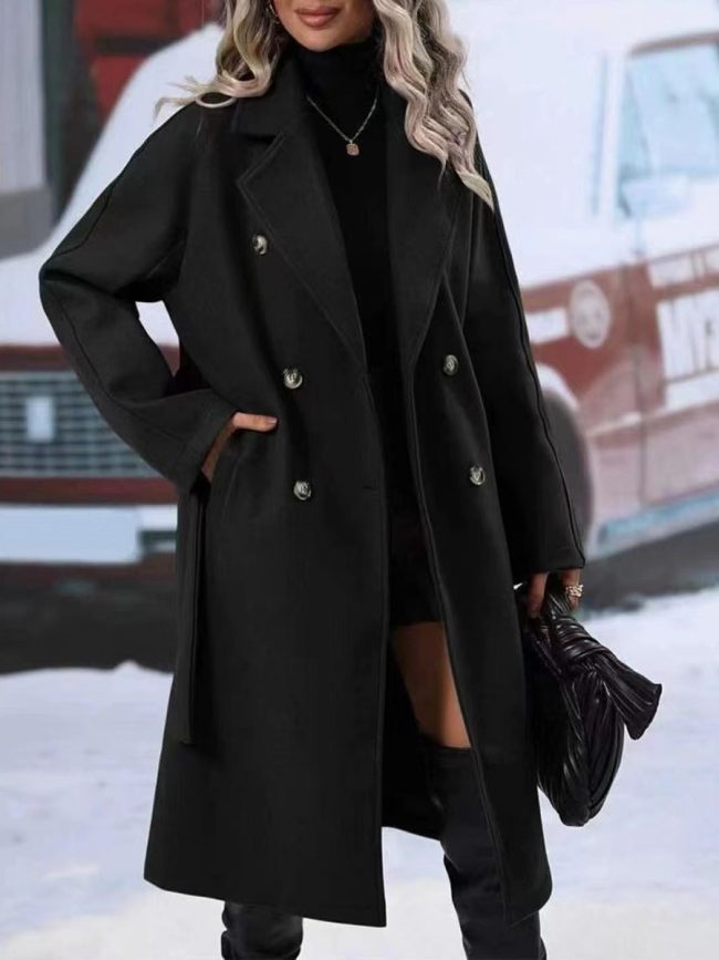 Women's Solid Color Polo Collar Lace Up Double Breasted Long Trench Coat