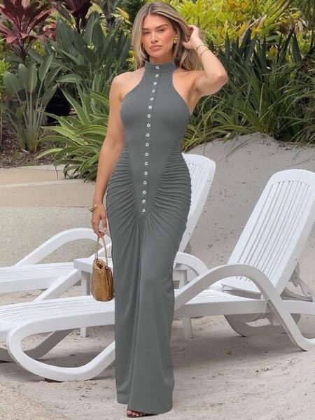 Fashionable Slim-fit Creased Button Round Neck Sleeveless Dress