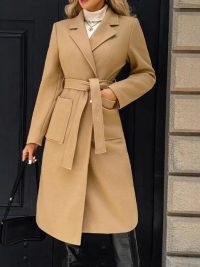 Women's Woolen Simple Lace Waist-tied Coat