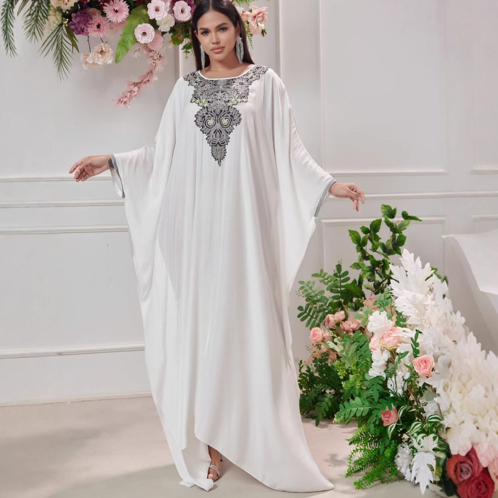 Plus Size Women's Middle East Muslim Robe Machine Embroidery Stitching Lace Dress