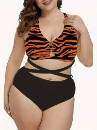 Women's Plus-size Bikini With Crisscross Straps And Zebra Print