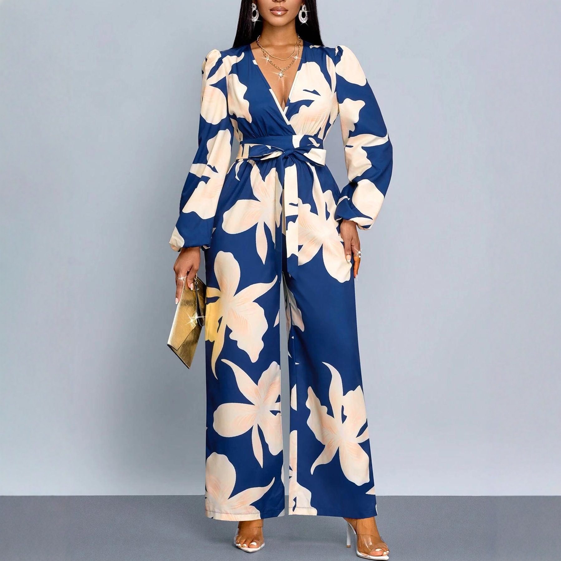 Women's Printed Long Sleeve Jumpsuit Suit