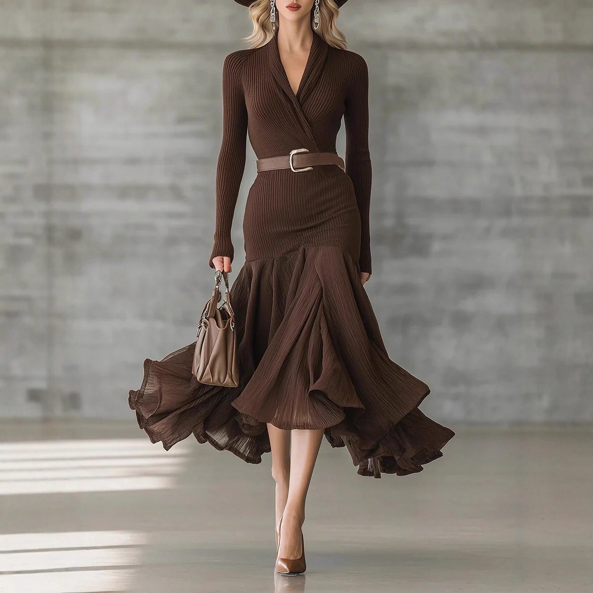 Stitching V-neck Long-sleeve Dress Long Skirt Large Swing Skirt