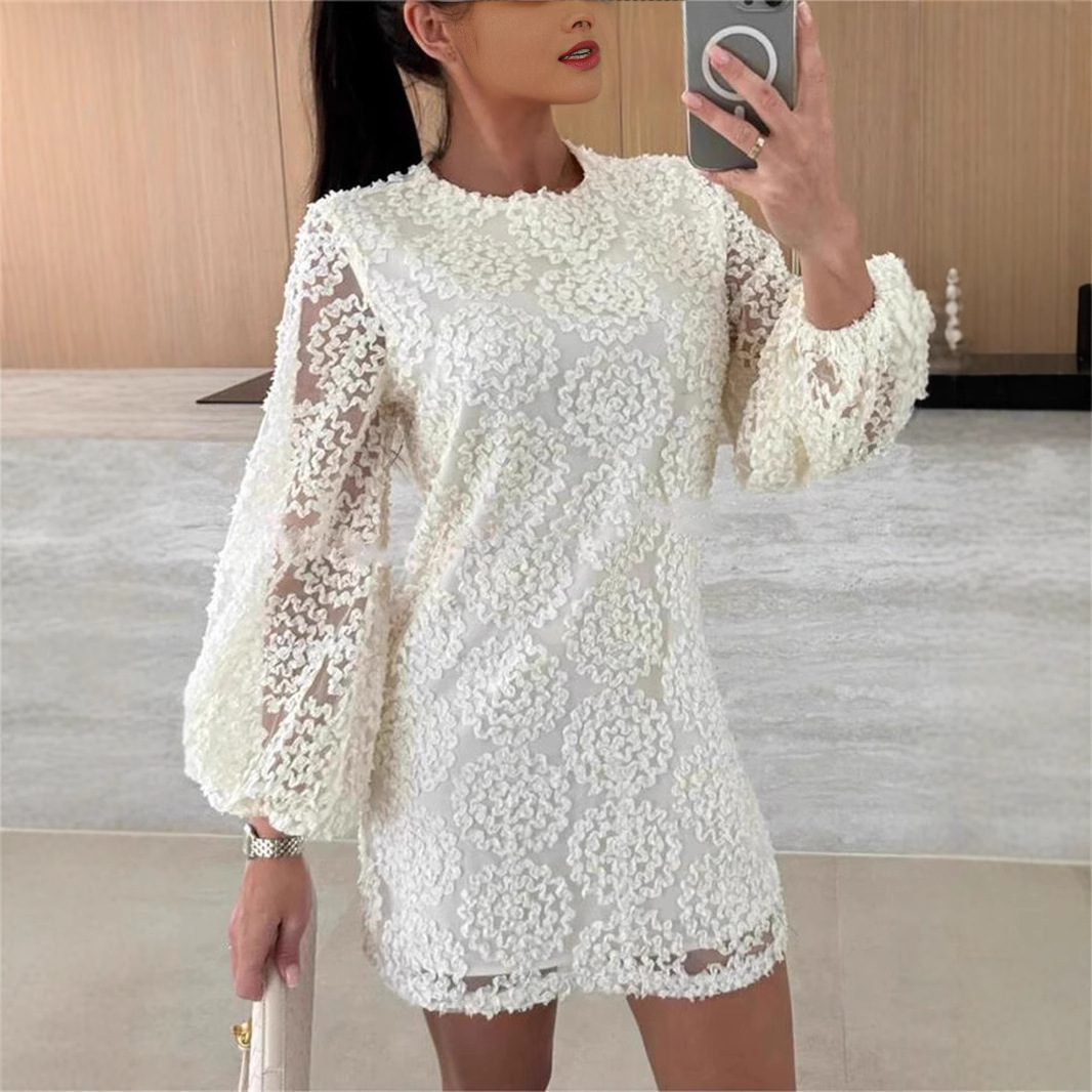 Buy Women's Clothing Online | Buy Trending Dresses for Women Lace Texture Fabric Balloon Sleeves Loose Mini Dress