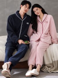 Flannel Thick Warm Long Sleeves Coral Fleece Couple Pajamas Suit