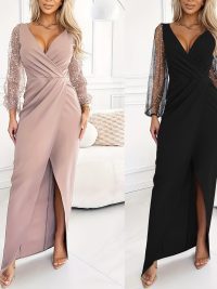 Sequined V-neck Hip Sexy Mesh Dress