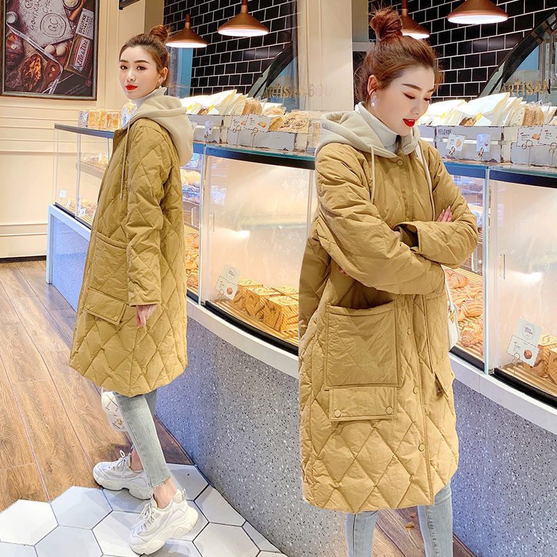 All-matching Cotton-padded Women's Over-the-knee Rhombus Plaid Loose Plus Size Hooded Jacket