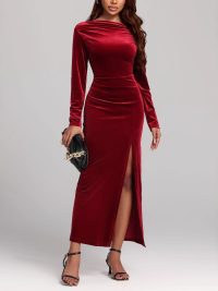 Women's Clothing Slit Formal Dress Pleuche Dress