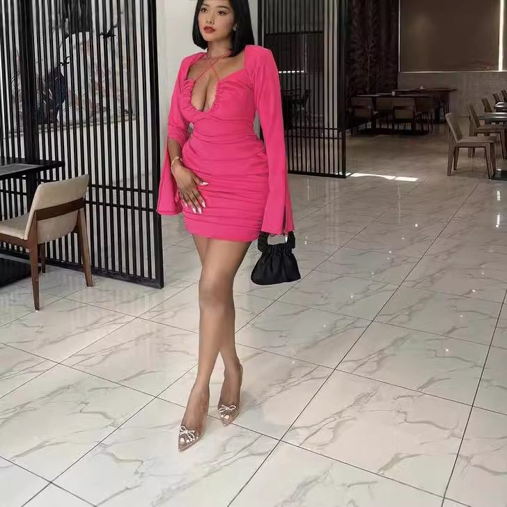 Sexy V-neck Tied Long Sleeves Split Dress