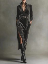 V-neck High Waist Solid Color Tie Slit Dress