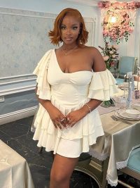 Off-shoulder Bustier Dress With Lotus Sleeves For Women