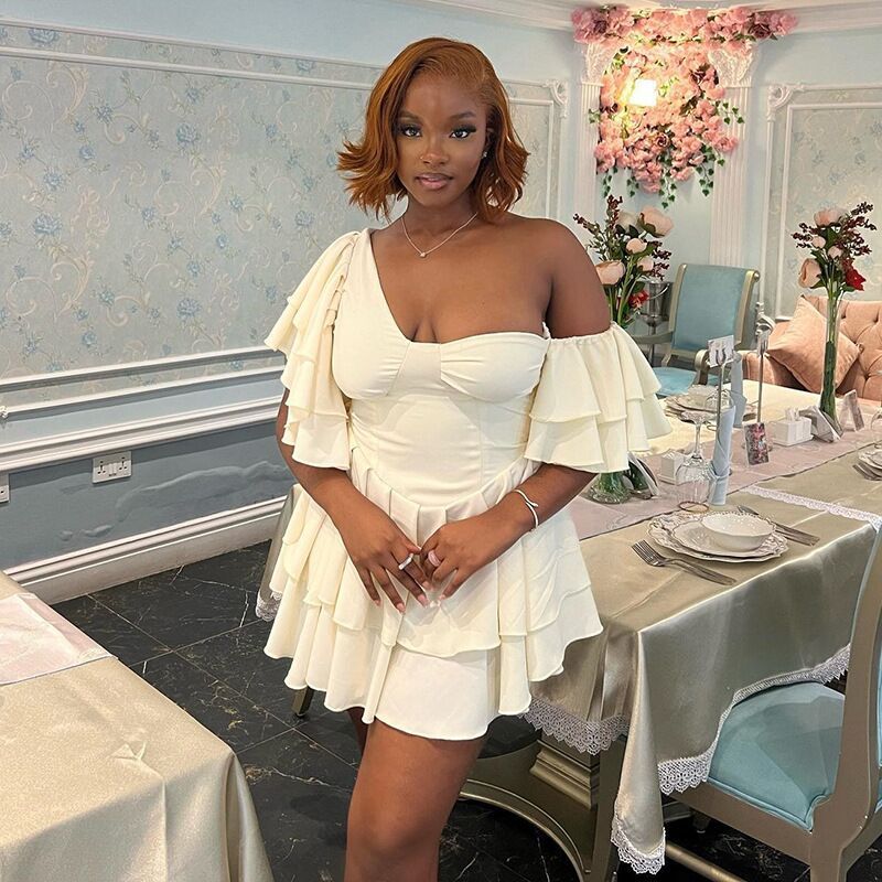 Off-shoulder Bustier Dress With Lotus Sleeves For Women