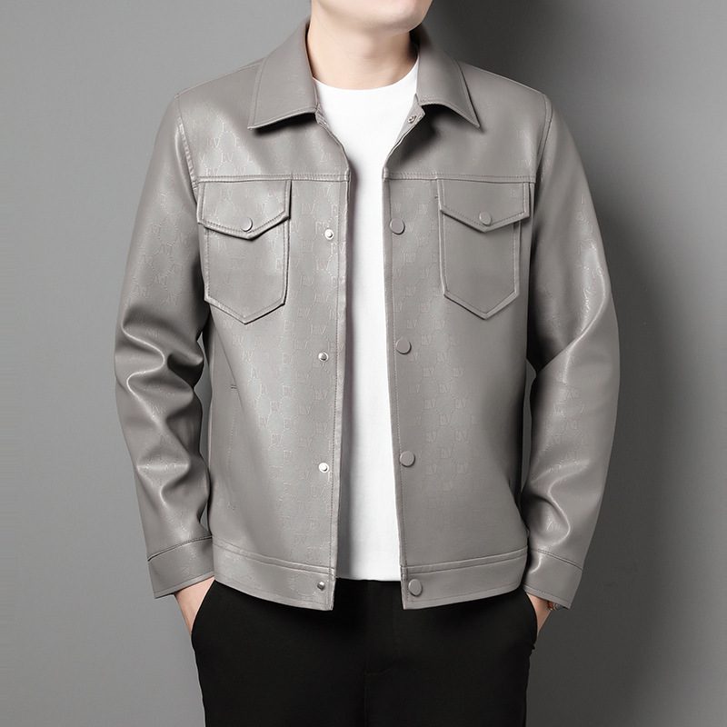 Men's Lapel Trend Lightweight Printed Leather Jacket