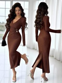 Cross-collar Knit Texture Slim-fit Slimming Dress