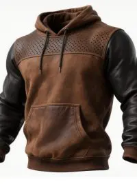 Men's Retro Brown Leather Decorative Perforated Hooded Casual Sweatshirt