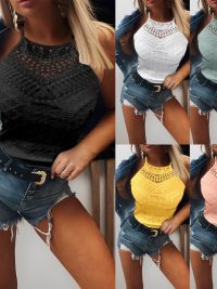 Summer Hollow Lace Sleeveless Solid Color Halter Top