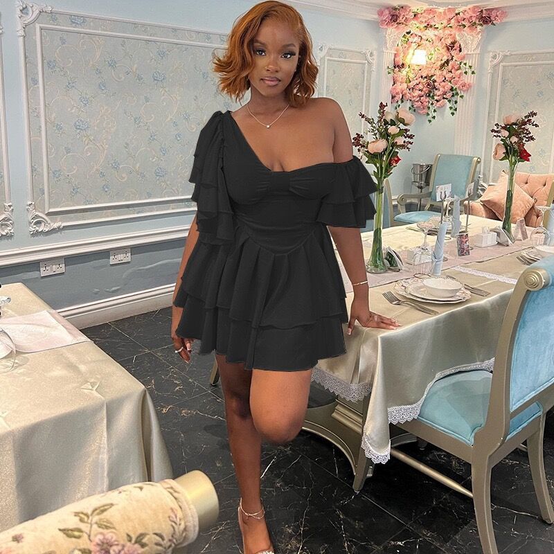 Off-shoulder Bustier Dress With Lotus Sleeves For Women