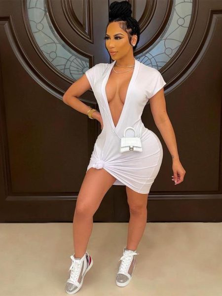 Night Club Style Deep V-neck Sexy Solid Color Dress Women