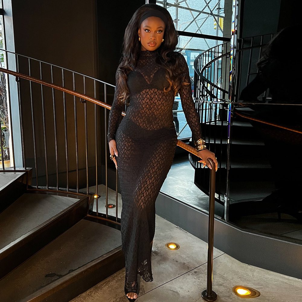 Sexy Long-sleeved Round-neck Lace Mesh See-through Dress