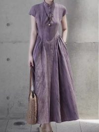 New Chinese-style Tie-dye Purple Hollow-out Waist-cinching Qipao Dress