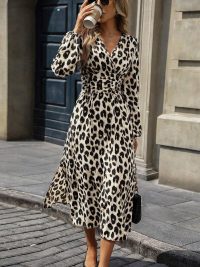 Women's Leopard Print Lantern Sleeve Long Dress