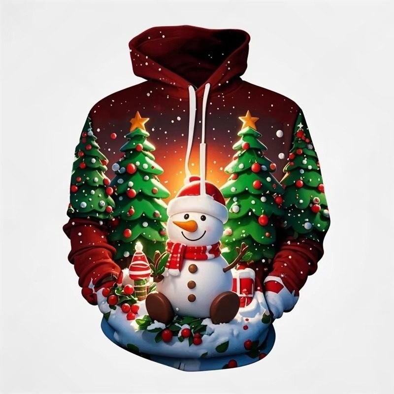 Christmas Snowman And Tree 3D Print Casual Hooded Sweatshirt