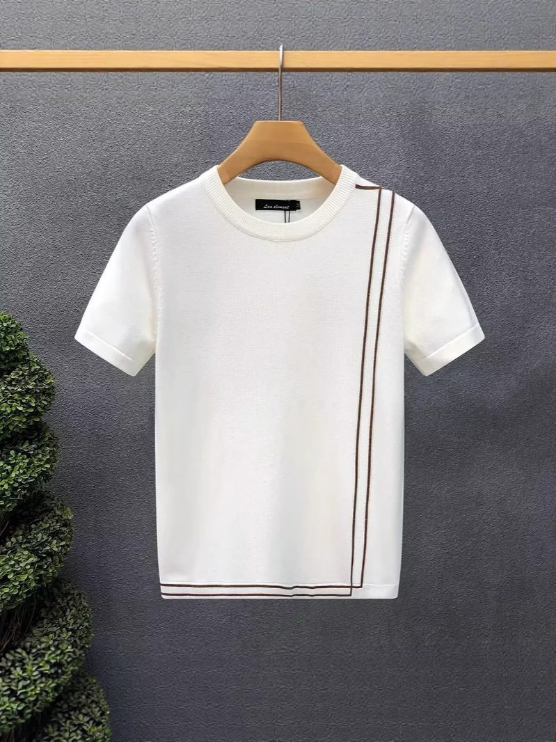 Striped Knitted Ice Silk Short Sleeve Men's Youth Slim Fit Summer High-end Retro T-shirt