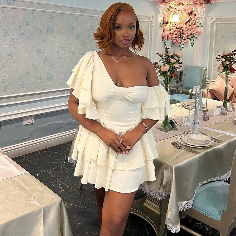 Off-shoulder Bustier Dress With Lotus Sleeves For Women