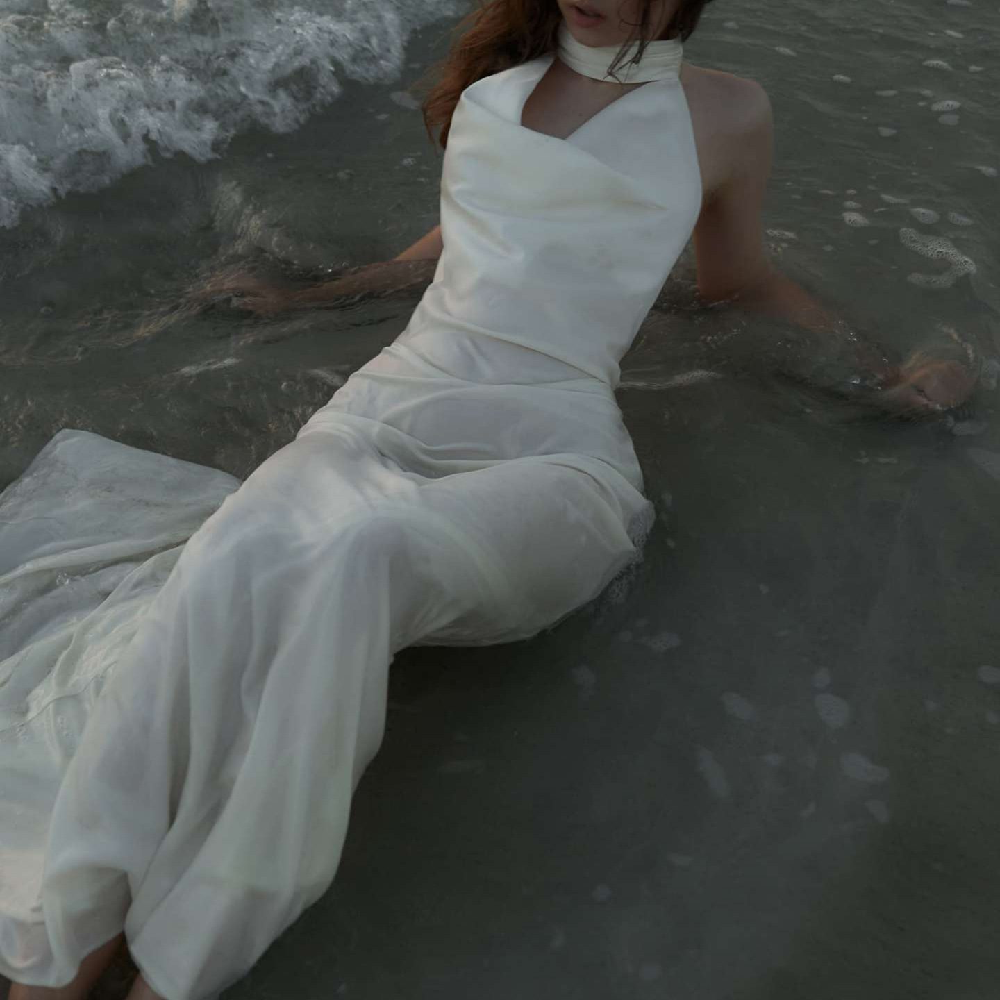 Satin Sexy V-neck Pearl Backless Halter Dress