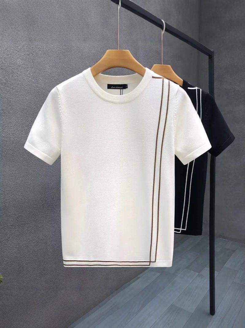 Striped Knitted Ice Silk Short Sleeve Men's Youth Slim Fit Summer High-end Retro T-shirt