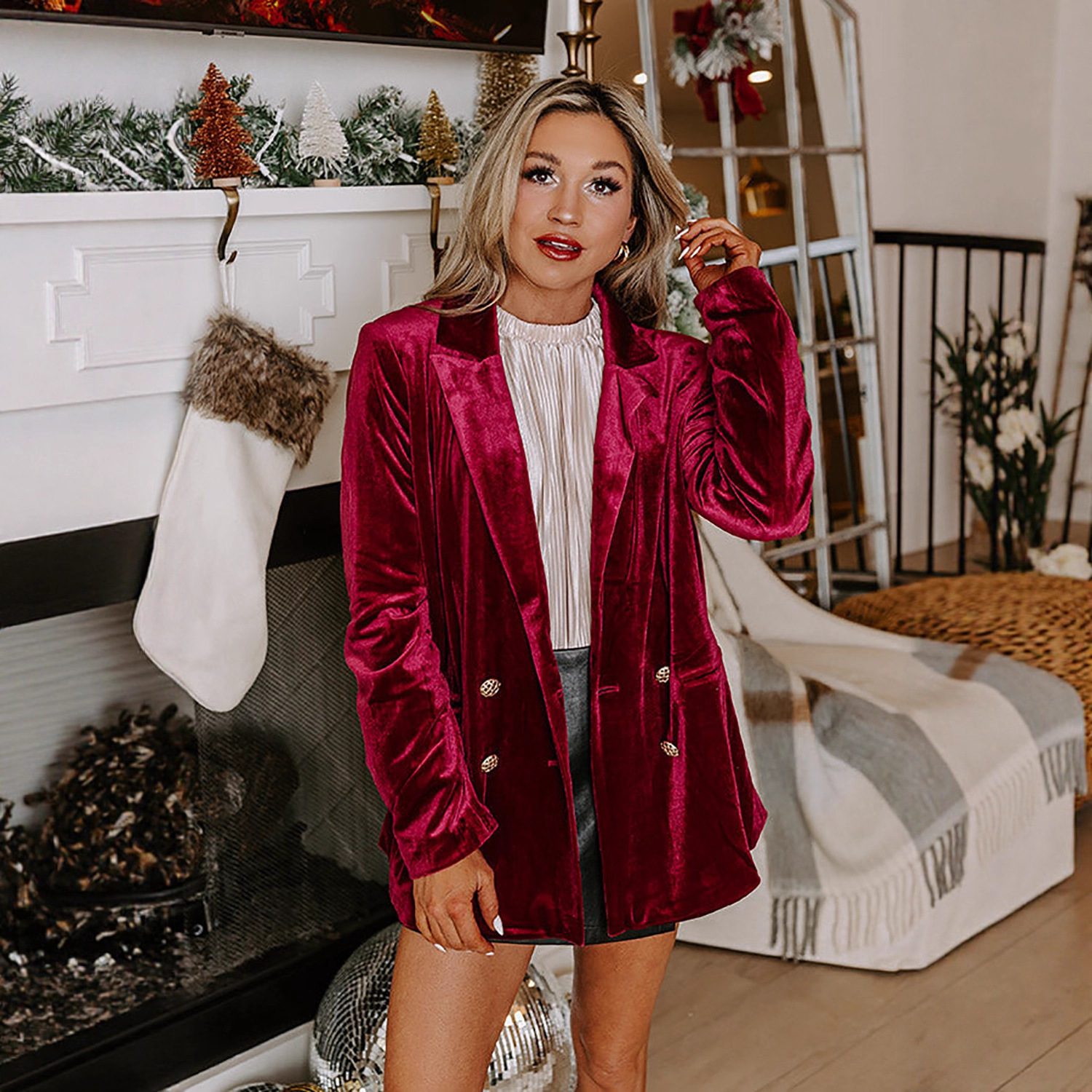 Casual Loose Double-breasted Velvet Suit Jacket