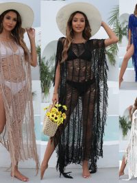 Polyester Women's See-through Irregular Tassel Bikini Dress Blouse