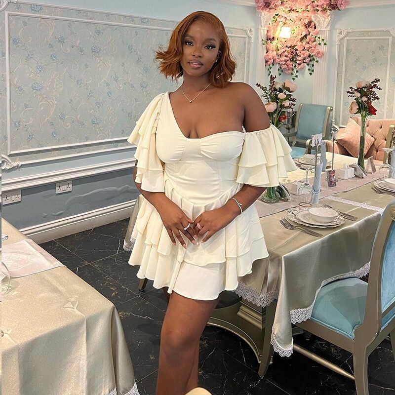 Off-shoulder Bustier Dress With Lotus Sleeves For Women