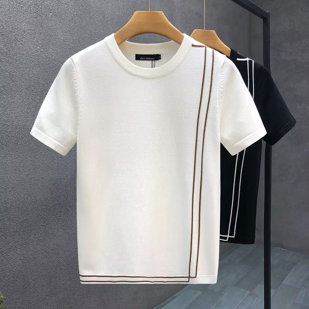 Striped Knitted Ice Silk Short Sleeve Men's Youth Slim Fit Summer High-end Retro T-shirt