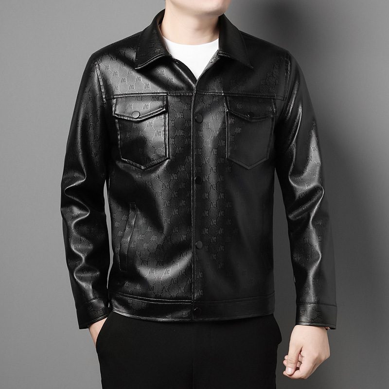 Men's Lapel Trend Lightweight Printed Leather Jacket