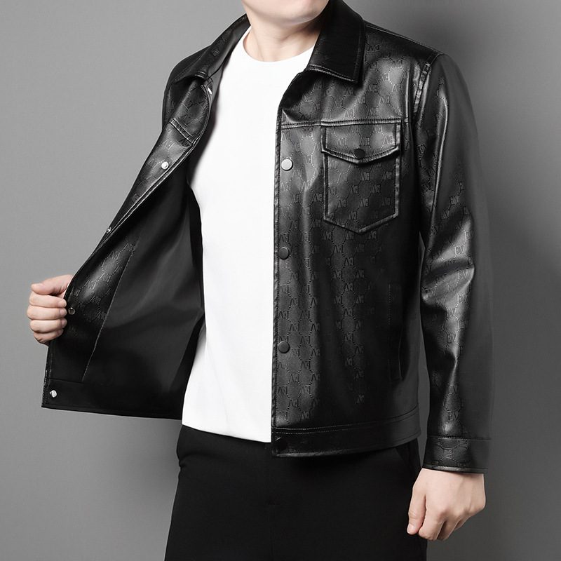 Men's Lapel Trend Lightweight Printed Leather Jacket