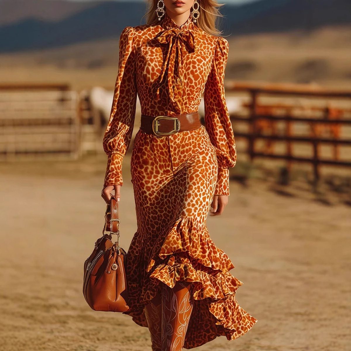 Digital Print Bow Long Skirt for Women