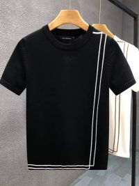 Striped Knitted Ice Silk Short Sleeve Men's Youth Slim Fit Summer High-end Retro T-shirt